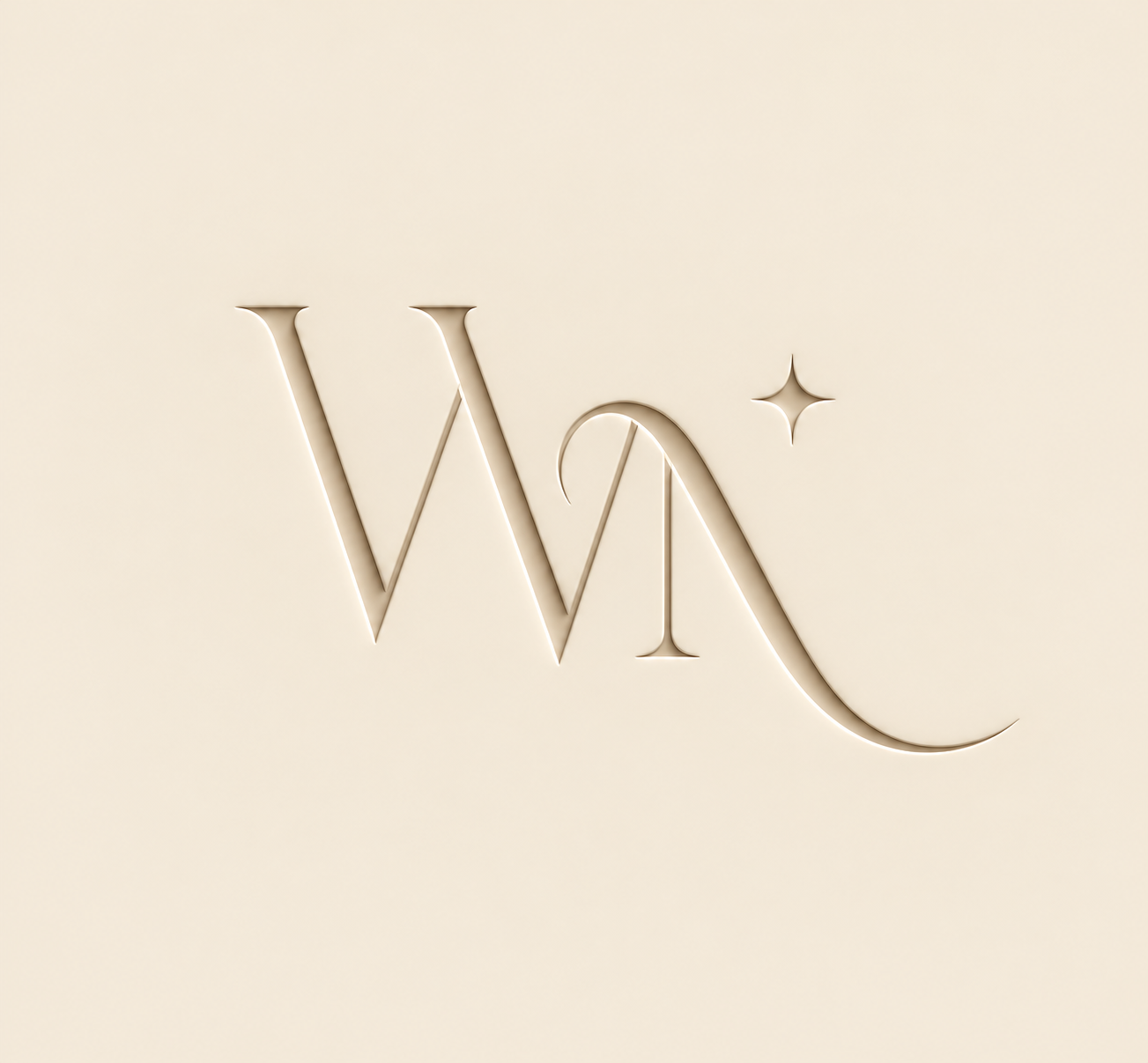 WellNurse's beige WN monogram with a curved stroke and sparkle, pressed into a smooth surface